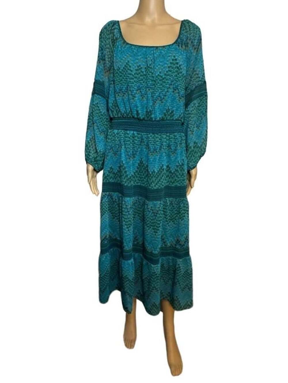 fig and flower Blue Green Long Sleeve Tiered Maxi Dress XL